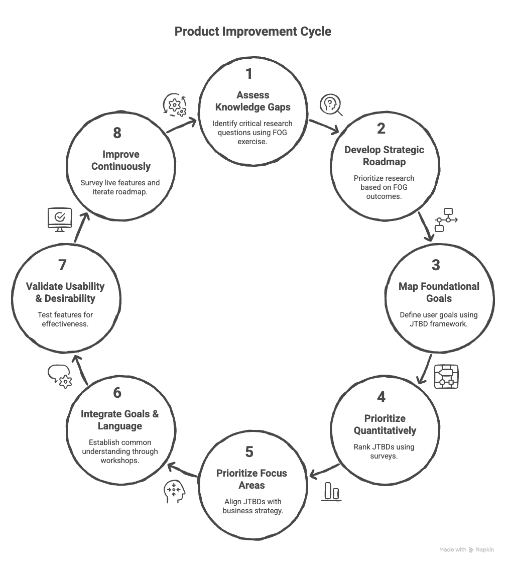 Product Improvement Cycle — 8-step circular diagram